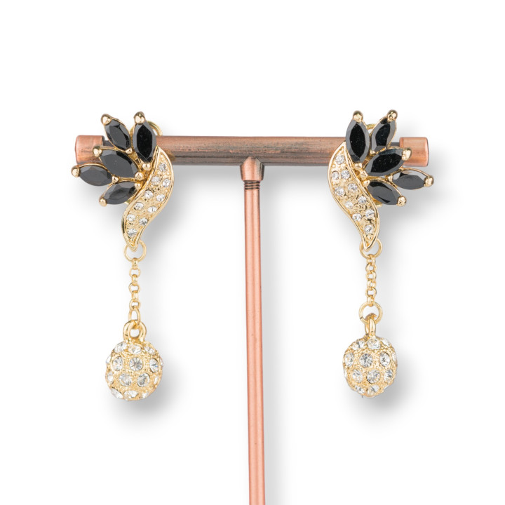 Stud Earrings With Brass Clip And Pendant Sphere With Zircons 17x50mm Golden