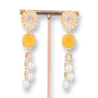 Aretes Bronce Con Cuadrado Ojo De Gato Y Cadena Con Perlas Yellow River 18x75mm