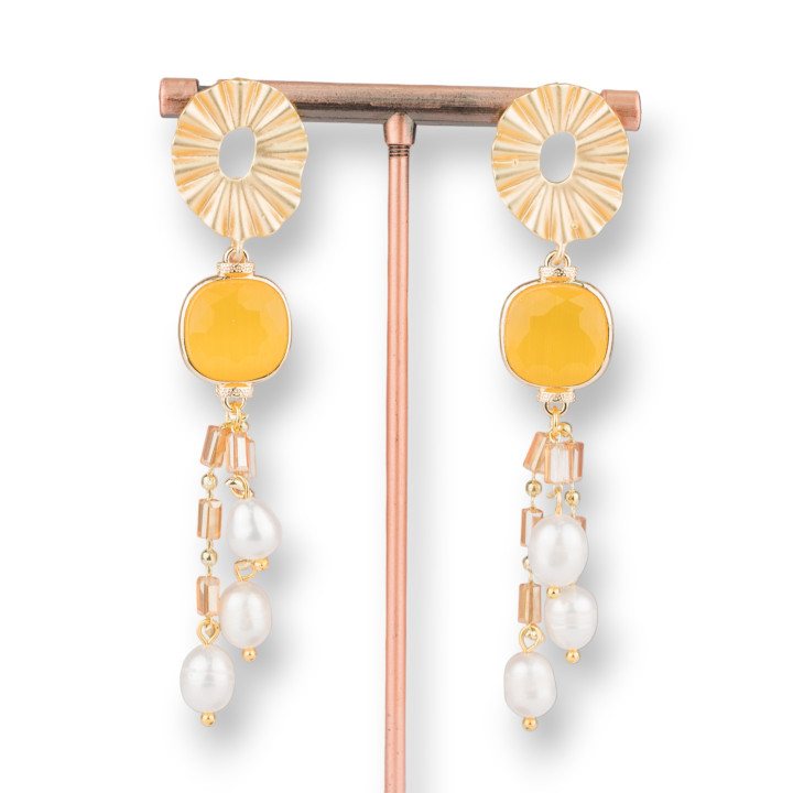 Boucles D'oreilles Tiges En Bronze Avec Carré Oeil De Chat Et Chaîne Avec Perles Yellow River 18x75mm