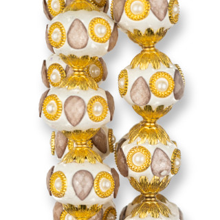 Boules Céramique Style Baroque 23x25mm 13pcs Blanc Doré MOD2