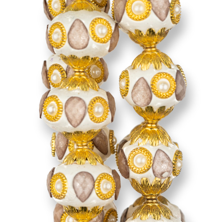 Baroque Style Ceramic Balls 23x25mm 13pcs Golden White MOD2