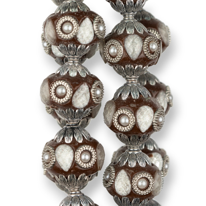 Baroque Style Ceramic Balls 23x25mm 13pcs Rhodium Plated Brown MOD2