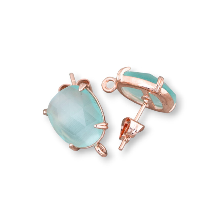 Brass Stud Earring Base with Faceted Cat's Eye 10.5x12mm 5 Pairs Rose Gold Aqua