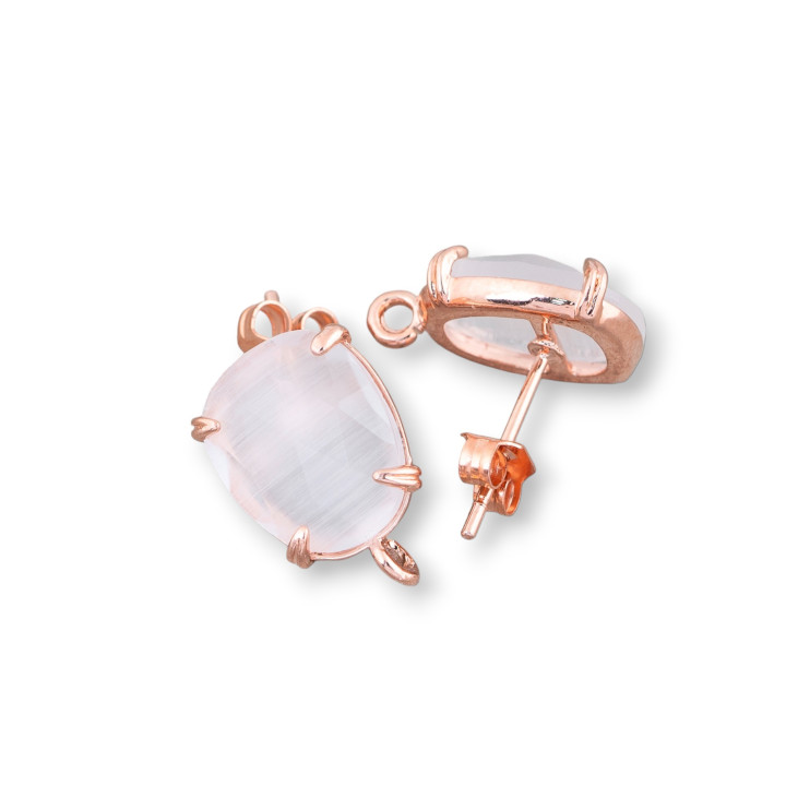 10.5x12mm Boucles d'Oreilles Tiges Oeil de Chat Facettes Laiton Base 8 Paires Or Rose Blanc Transparent