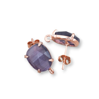 Brass Stud Earring Base with Faceted Cat's Eye 10.5x12mm 5 Pairs Rose Gold Purple