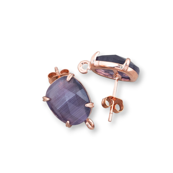 10,5x12mm Boucles d'Oreilles Tiges Oeil de Chat Facettes Laiton Base 8 Paires Or Rose Violet