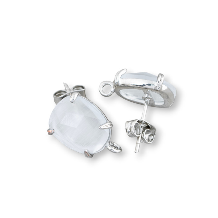 10,5x12mm Boucles d'Oreilles Tiges Oeil de Chat Facettes Laiton Base 8 Paires Plaqué Rhodium Blanc Transparent