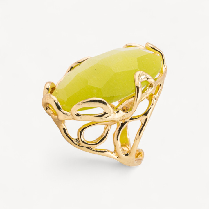 Anillo Bronce Ojo De Gato Irregular 28x32mm Talla Ajustable Verde Ácido Dorado