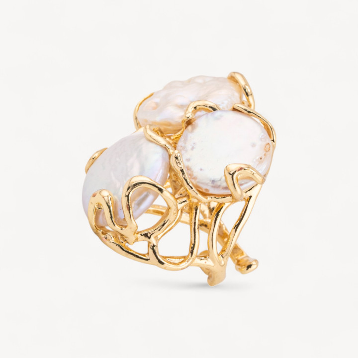 Anillo Bronce Con Perlas De Río Medida Ajustable 32x36mm Dorado