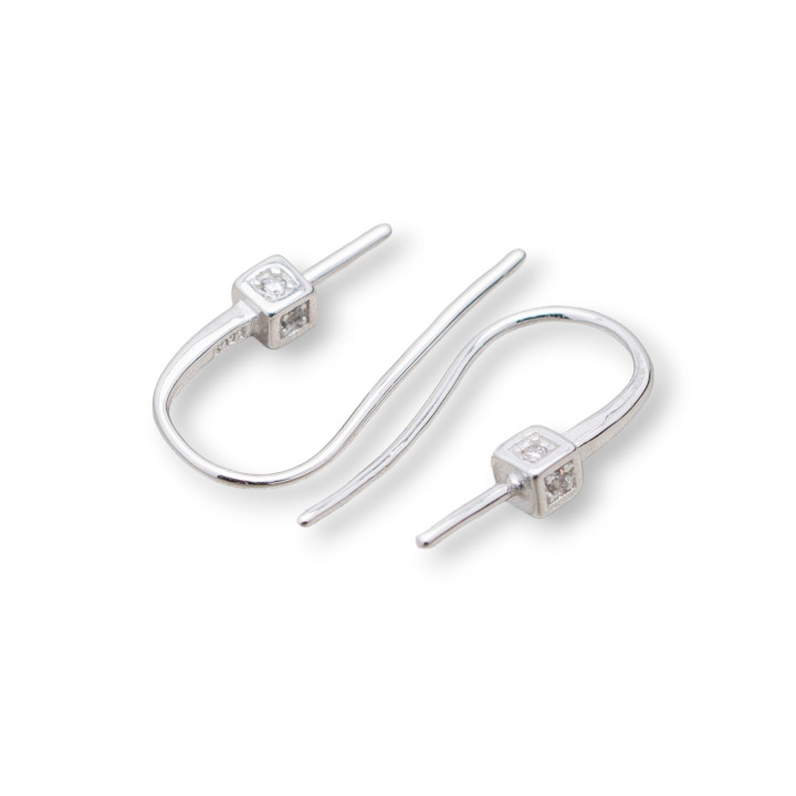 Base Pour Boucles D'oreilles En Argent 925 Avec Zircons Crochet Et Cube 2,5x16mm 6 Paires Rhodié