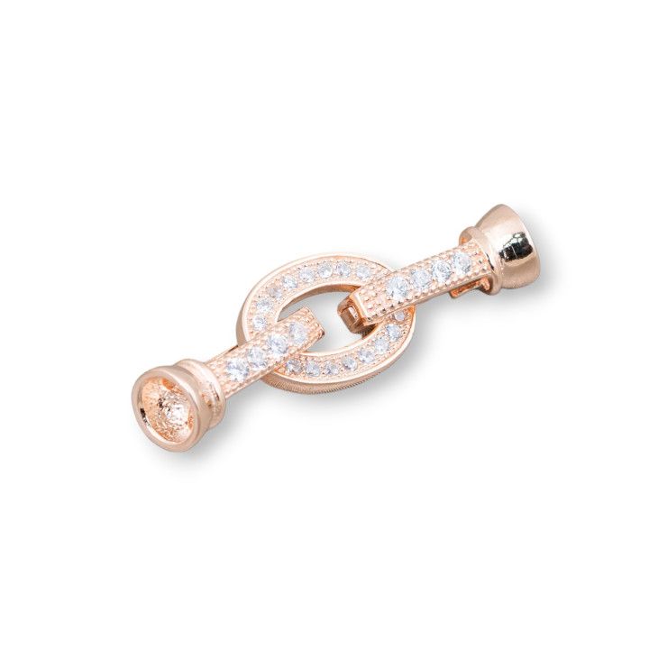 Fermoir en argent 925 avec zircons ovales 9x23mm avec coupelles de 5,5 mm 3pcs or rose