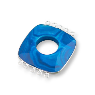 Zentralachat und indisches Silber - Quadratisch 45-50 mm 5 + 5 Ringe 2 Stk. Blau gestreift