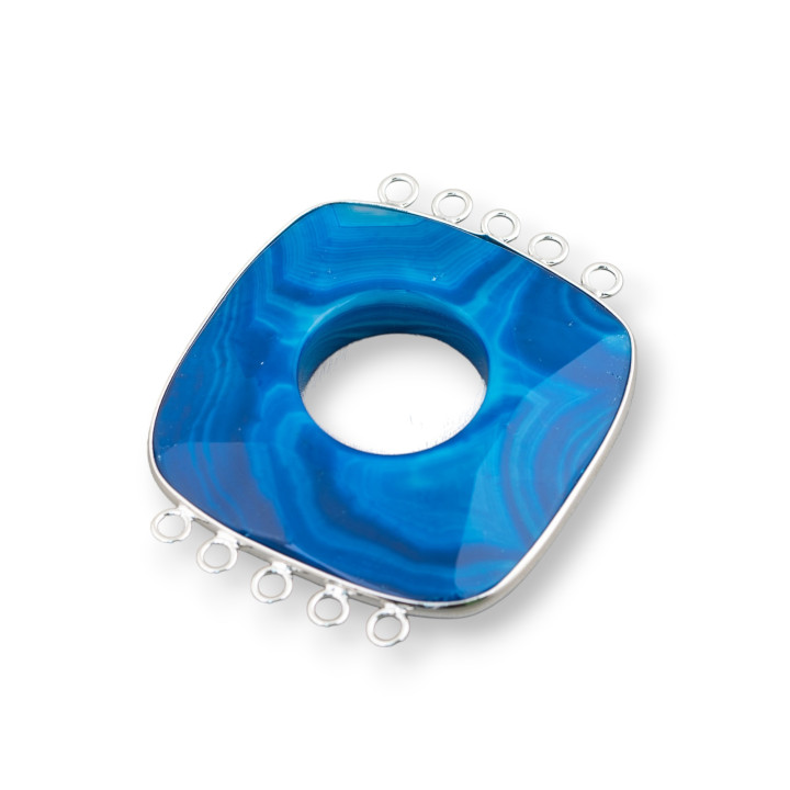Centrale Di Agata E Argento Indiano - Quadrato 45-50mm 5+5 anellini 2pz Blu Striata