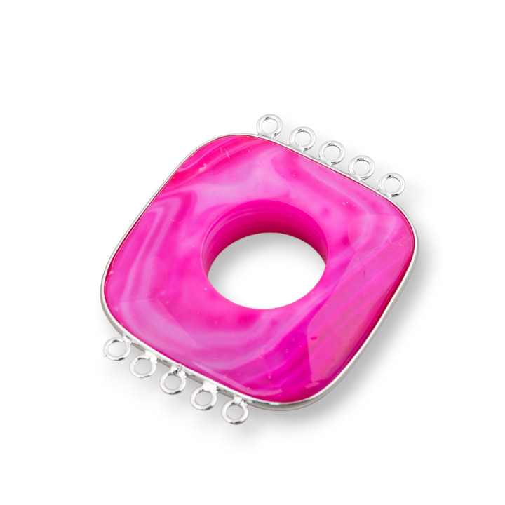 Zentralachat und indisches Silber - Quadratisch 45-50 mm 5 + 5 Ringe 2 Stk. Gestreiftes Fuchsia