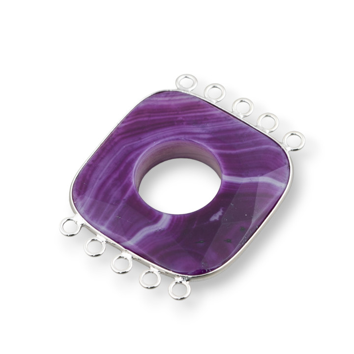 Agate Centrale Et Argent Indien - Carré 45-50mm 5 + 5 Anneaux 2pcs Rayé Violet