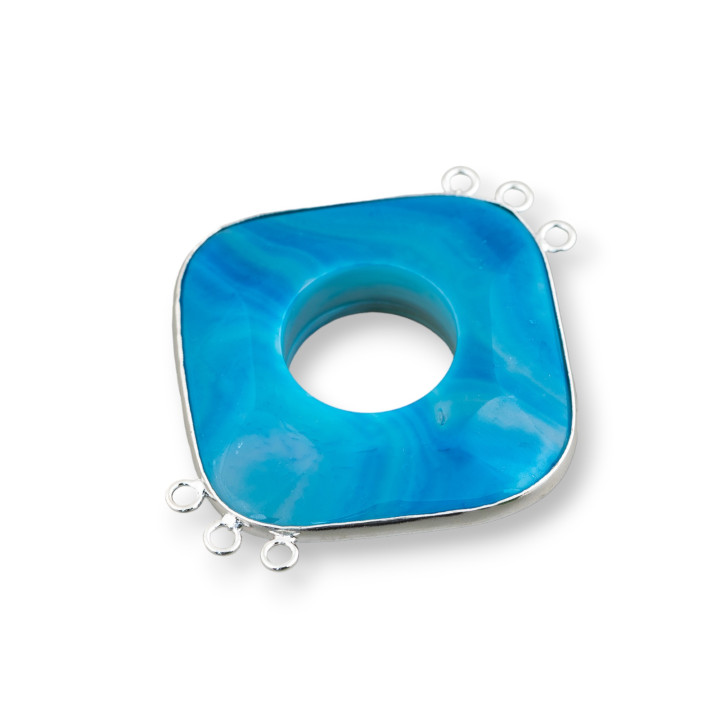 Central Agate and Indian Silver - Rhombus 45-50mm 3+3 rings 2τμχ Μπλε Ριγέ