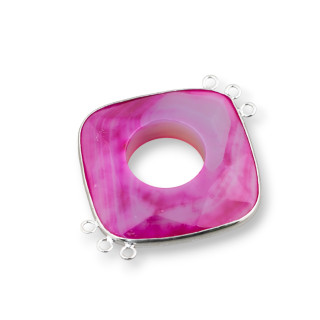 Agate Centrale Et Argent Indien - Losange 45-50mm 3 + 3 Anneaux 2pcs Rayé Fuchsia