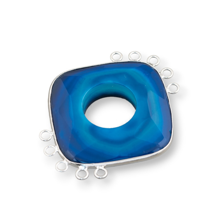 Agate Centrale Et Argent Indien - Losange 45-50mm 5 + 5 Anneaux 2pcs Bleu Rayé