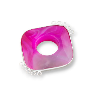 Central Agate and Indian Silver - Rhombus 45-50mm 5+5 rings 2pcs Striped Fuchsia