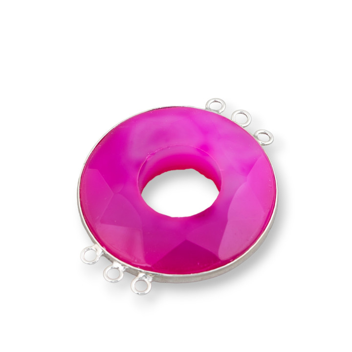 Zentralachat und indisches Silber - Rund 45 mm 3 + 3 Ringe 2 Stk. Gestreift Fuchsia