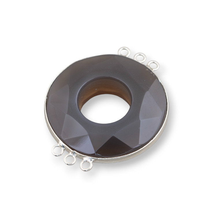 Zentralachat und indisches Silber - Rund 45 mm 3 + 3 Ringe 2 Stk. Grau