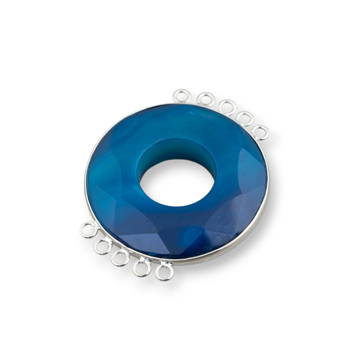 Agate Centrale Et Argent Indien - Rond 45mm 5 + 5 Anneaux 2pcs Bleu Rayé