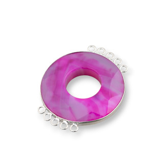 Agate Centrale Et Argent Indien - Rond 45mm 5 + 5 Anneaux 2pcs Rayé Fuchsia