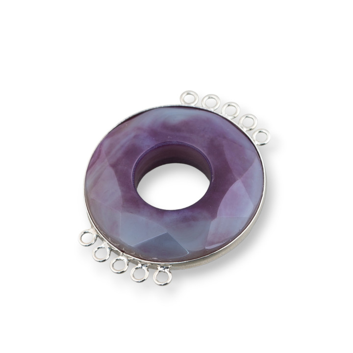 Zentralachat und indisches Silber - Rund 45 mm 5 + 5 Ringe 2 Stk. Lila gestreift