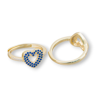 925 Silver Ring With Micropave' Heart Zircons 10mm With Adjustable Size 1pc Golden Blue