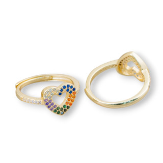 Anello Di Argento 925 Con Zirconi Micropave' Cuore 10mm Con Misura Regolabile 1pz Dorato Multicolor