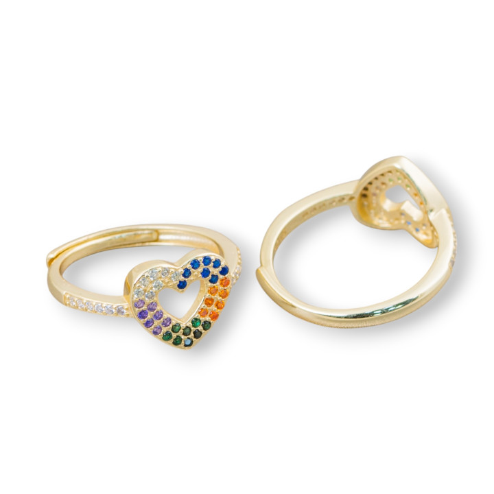 Ring aus 925er Silber mit Herz aus Mikropavé-Zirkonen, 10 mm, verstellbare Größe, 1 Stück, golden, mehrfarbig