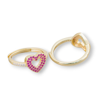 925 Silver Ring With Micropave' Heart Zircons 10mm With Adjustable Size 1pc Red Golden
