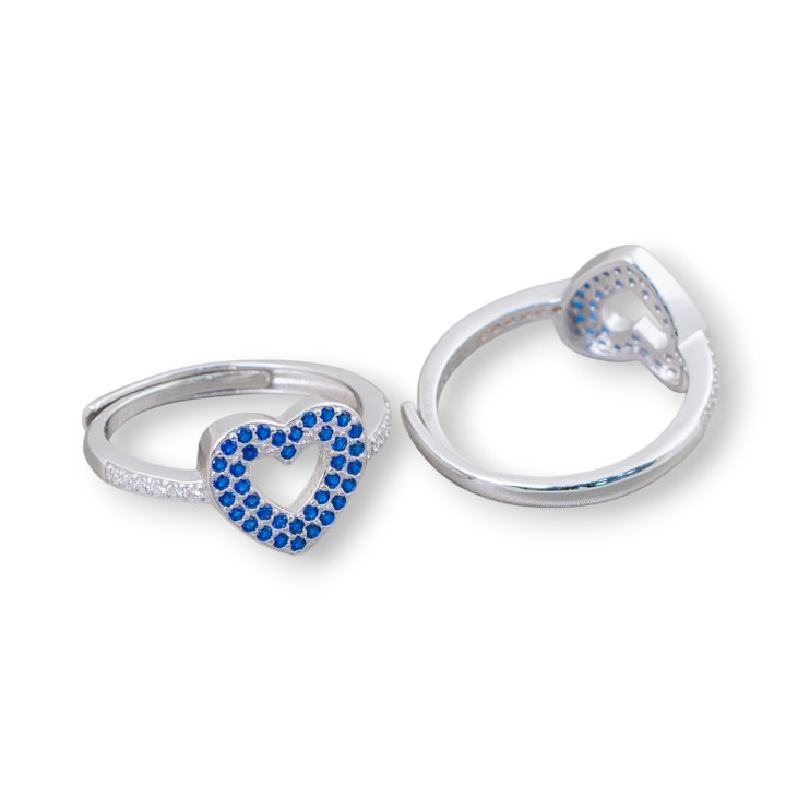 Anillo de Plata 925 Con Corazón de Circonitas Micropave 10mm Con Talla Ajustable 1pc Rodio Azul