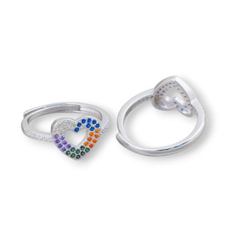 Ασημένιο δαχτυλίδι 925 με ζιργκόν καρδιάς Micropave 10mm με ρυθμιζόμενο μέγεθος 1 τμχ Πολύχρωμο επιμεταλλωμένο με ρόδιο