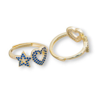 Anello Di Argento 925 Con Zirconi Micropave' Stella + Cuore 10mm Con Misura Regolabile 1pz Dorato Blu