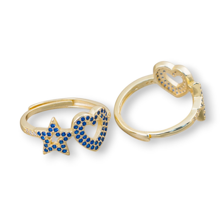 Ring aus 925er Sterlingsilber mit Stern und Herz aus Mikropavé-Zirkonen, 10 mm, mit verstellbarer Größe, 1 Stk., Goldblau