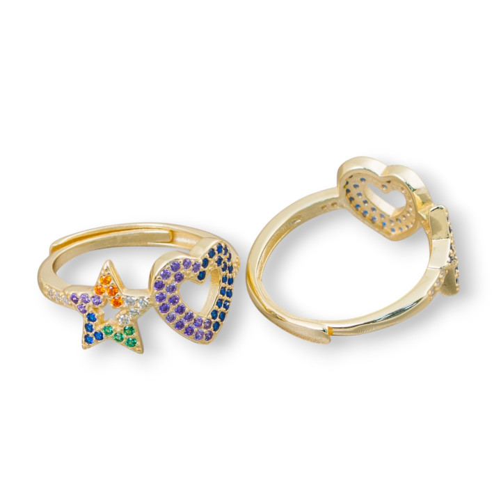 Ring aus 925er Sterlingsilber mit Stern mit Mikropavé-Zirkonen + Herz 10 mm mit verstellbarer Größe 1 Stk. Golden Mix + Lila