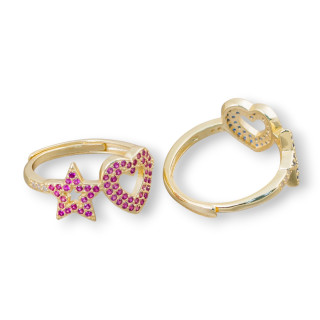 Ασημένιο δαχτυλίδι 925 με Micropave Zircons Star + Καρδιά 10mm Με Ρυθμιζόμενο Μέγεθος 1τμχ Χρυσό Κόκκινο