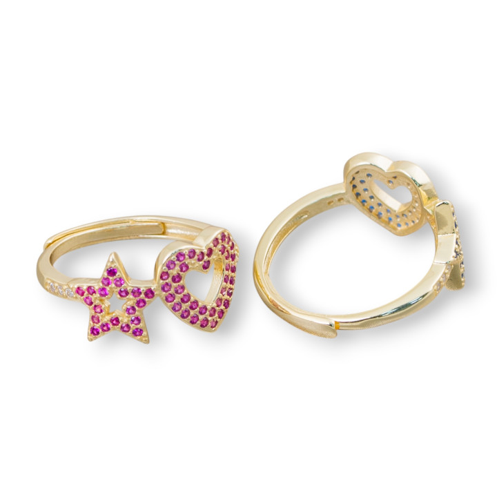 Ασημένιο δαχτυλίδι 925 με Micropave Zircons Star + Καρδιά 10mm Με Ρυθμιζόμενο Μέγεθος 1τμχ Χρυσό Κόκκινο