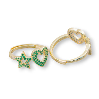 Anillo Plata 925 Con Micropave Circonitas Estrella + Corazon 10mm Con Talla Ajustable 1pc Dorado Verde