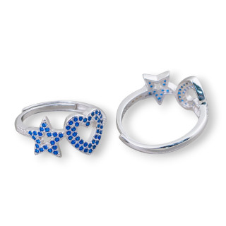 Anello Di Argento 925 Con Zirconi Micropave' Stella + Cuore 10mm Con Misura Regolabile 1pz Rodiato Blu