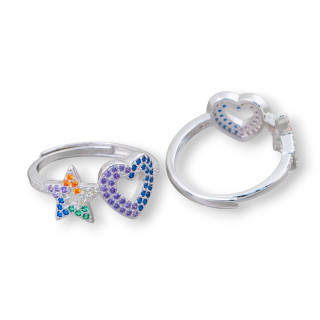 Anillo Plata 925 Con Micropave Circonitas Estrella + Corazón 10mm Con Talla Ajustable 1pc Mezcla Rodio + Morado