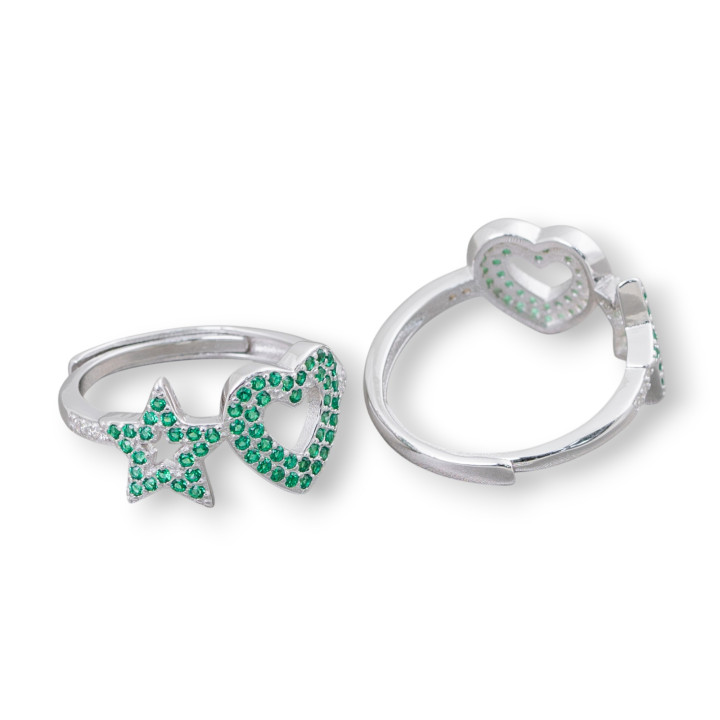 925 Silver Ring With Micropave Zircons Star + Heart 10mm With Adjustable Size 1pc Green Rhodium Plated