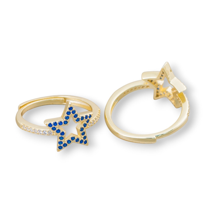 Anillo de Plata 925 Con Micropave Circonitas Estrella 13mm Con Talla Ajustable 1pc Azul Dorado