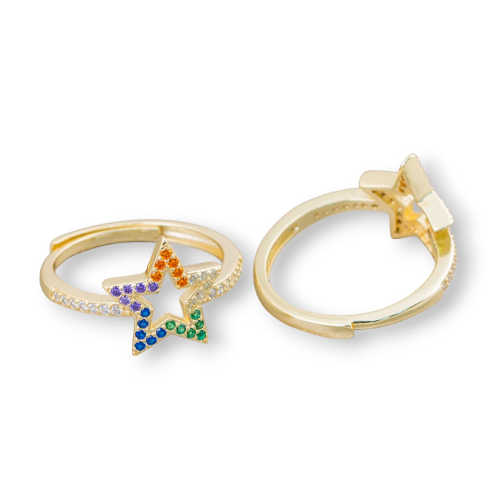 Anillo de Plata 925 Con Micropave Circonitas Estrella 13mm Con Talla Ajustable 1pc Dorado Multicolor