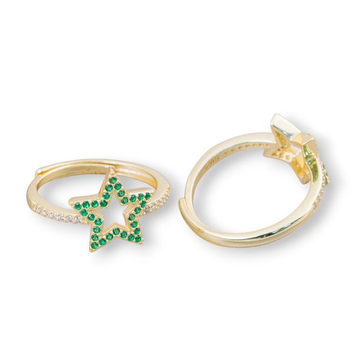 925 Silver Ring With Zircons Micropave' Star 13mm With Adjustable Size 1pc Golden Green