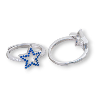 Anillo de Plata 925 Con Micropave Circonitas Estrella 13mm Con Talla Ajustable 1pc Rodio Azul