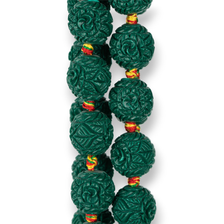 Harzperlen Kugel Graviert 14mm 19 Stück Grüne Blume