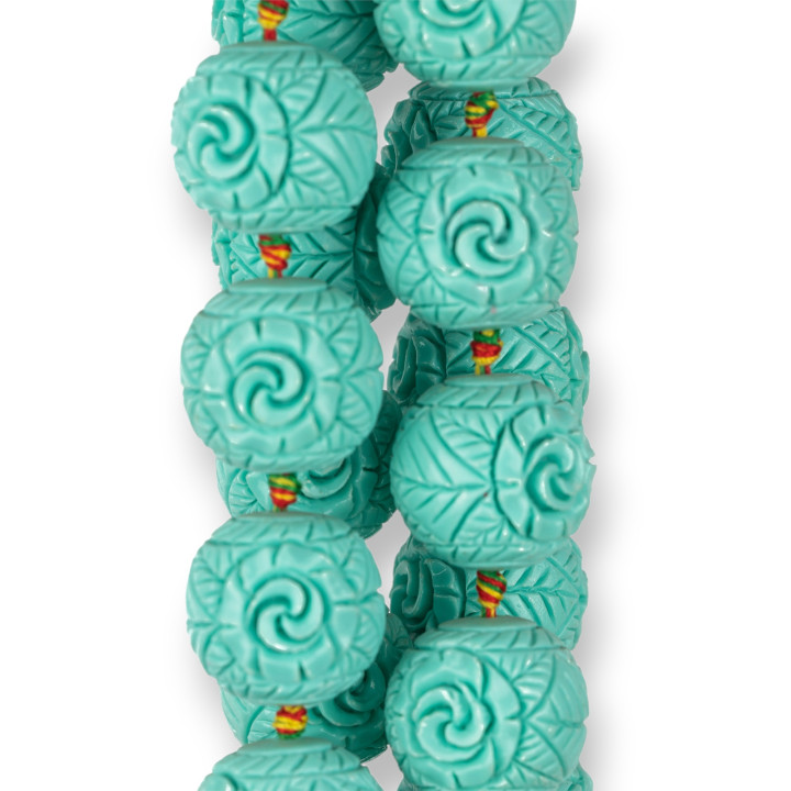 Harzperlen Gravierte Kugel 23 mm 14 Stk. Grün-Türkis-Blume