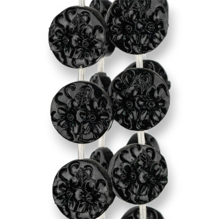 Cuentas de resina redondas planas flores de doble cara 20 mm 17 piezas negro